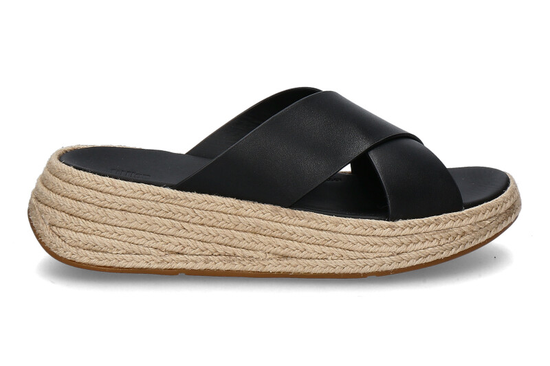 Fitflop Pantolette F-MODE ESPADRILLE LEATHER FLATFORM CROSS SLIDES- black/schwarz