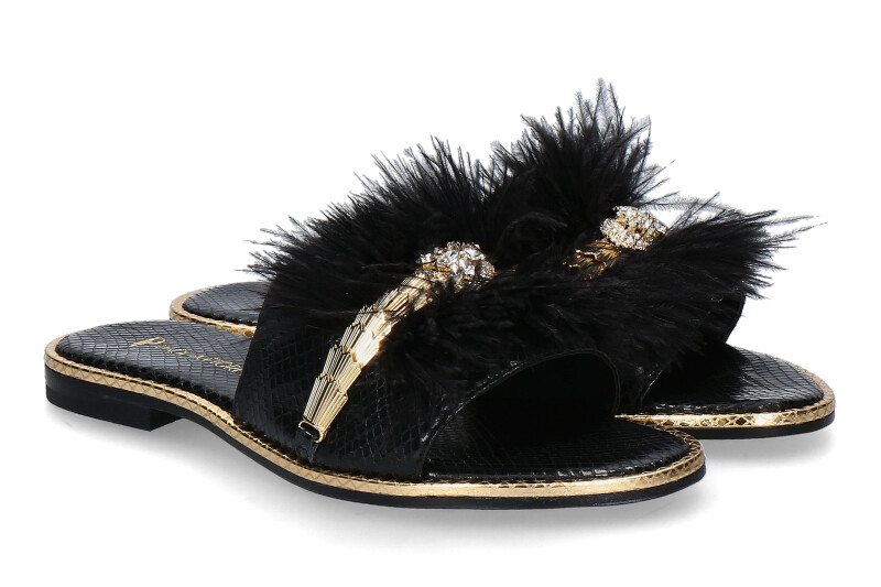 Paola Fiorenza Pantolette COBRA PITONE- piume nero snake