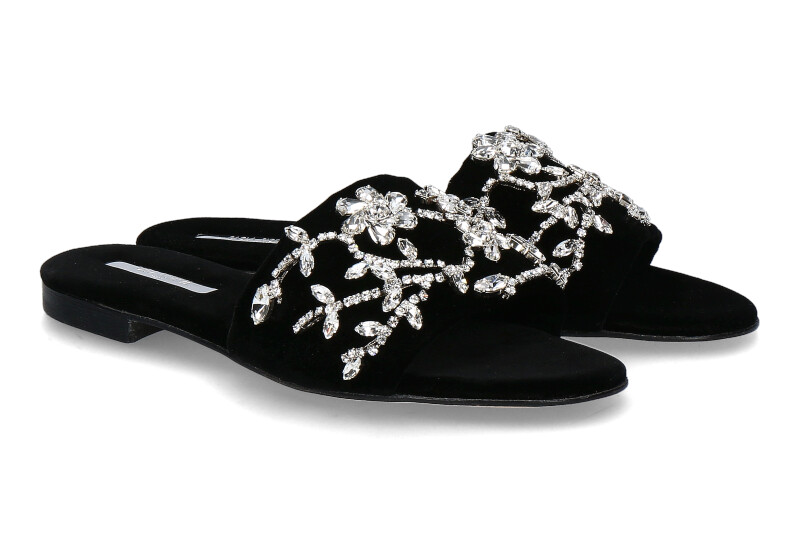 Paola Fiorenza Pantolette VELLUTO NERO MICROCRISTALLI- foglie silver