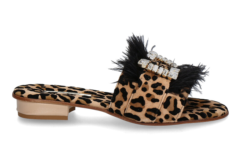 Paola Fiorenza Pantolette CAMOSCIO LEO- crystal gold piume camel