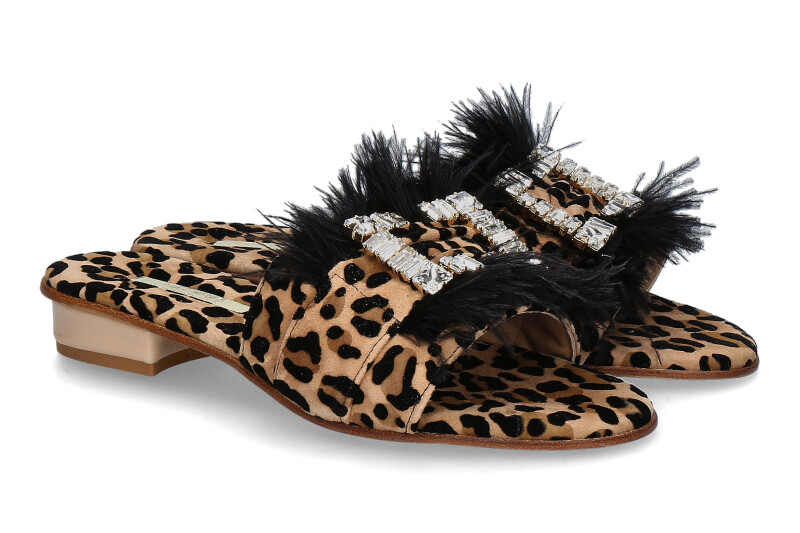 Paola Fiorenza Pantolette CAMOSCIO LEO- crystal gold piume camel